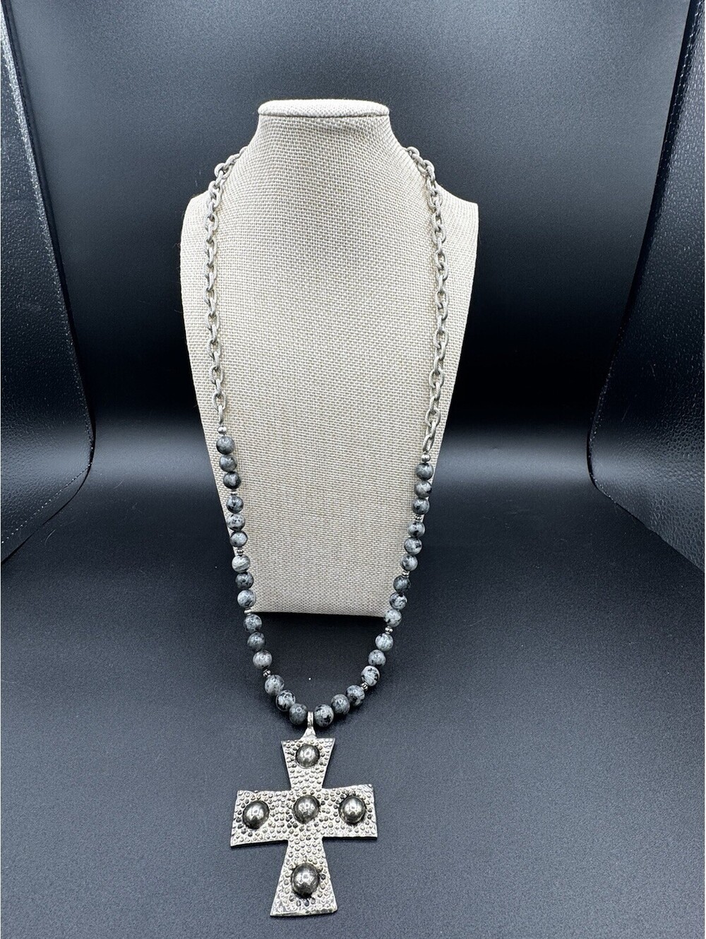 Large Cross Pendant Necklace Gray Stone Beads Textured Chain Silver Tone
